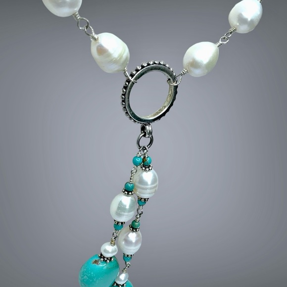 🌺Gorgeous Sterling, Genuine Pearl & Turquoise Necklace - Picture 14 of 14